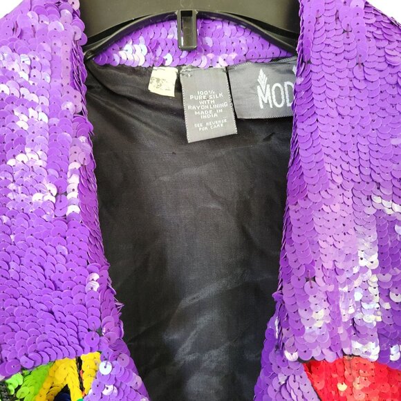 Sequin Moto Jacket Women's Neon Multicolor OOAK Zipper Front100% Silk Sz Medium - Picture 11 of 17